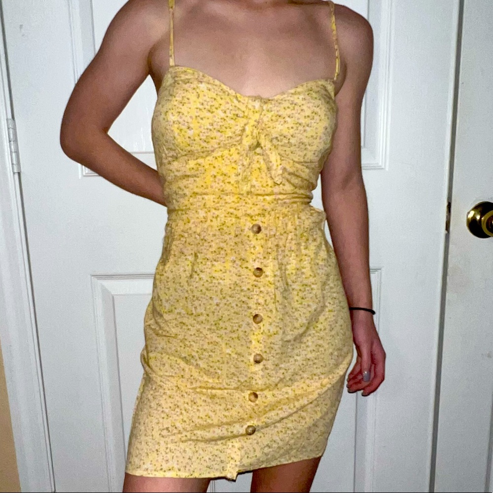 Yellow Floral Padded Sundress Mini Dress with Button Decor